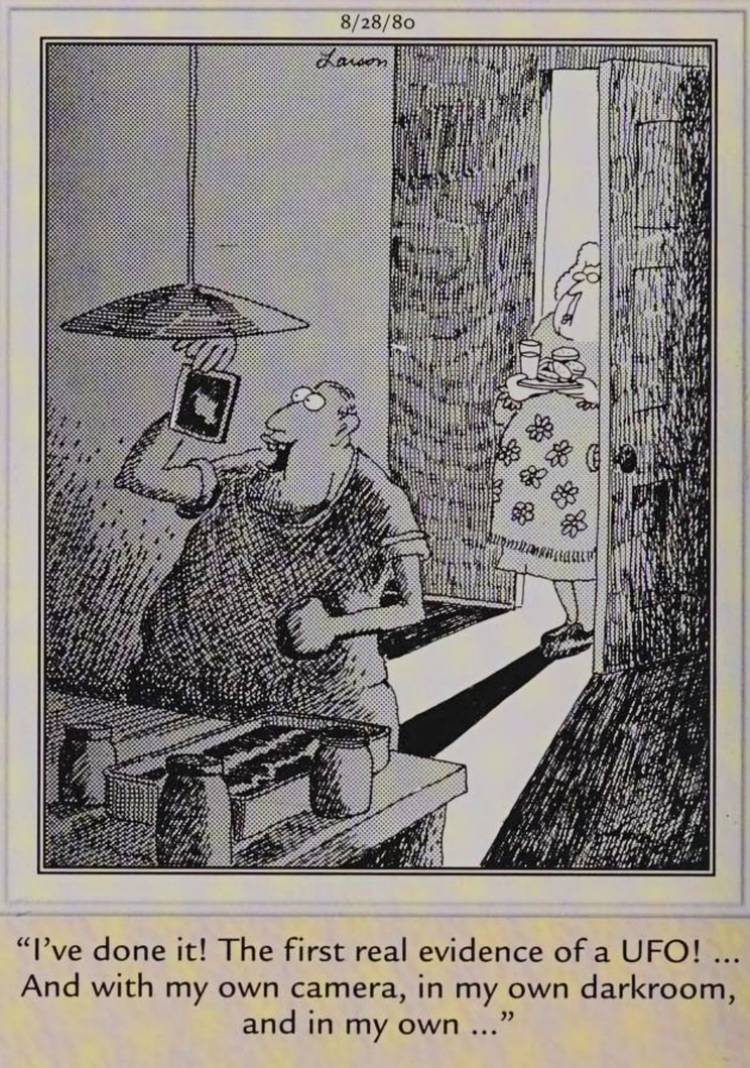 Far Side, August 28, 1980, a man's photograph of a UFO is ruined when his dark room door is opened