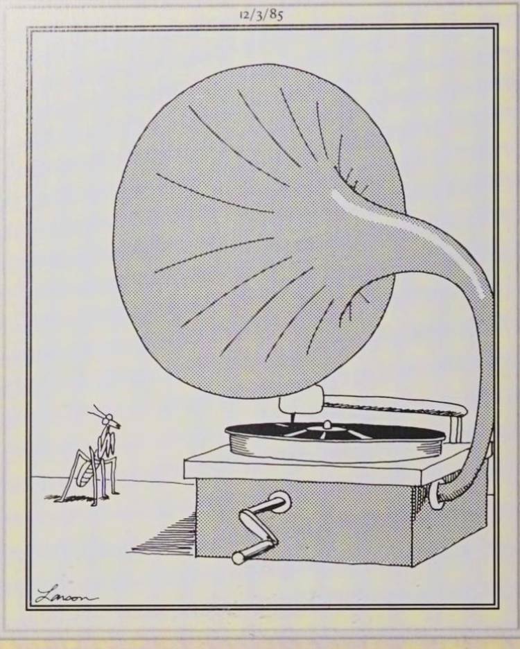 10 Deepest The Far Side Comics That Fans Are Still Thinking About Decades Later 9 Far Side, December 3, 1985, a grasshopper looks lovingly at a grammophone