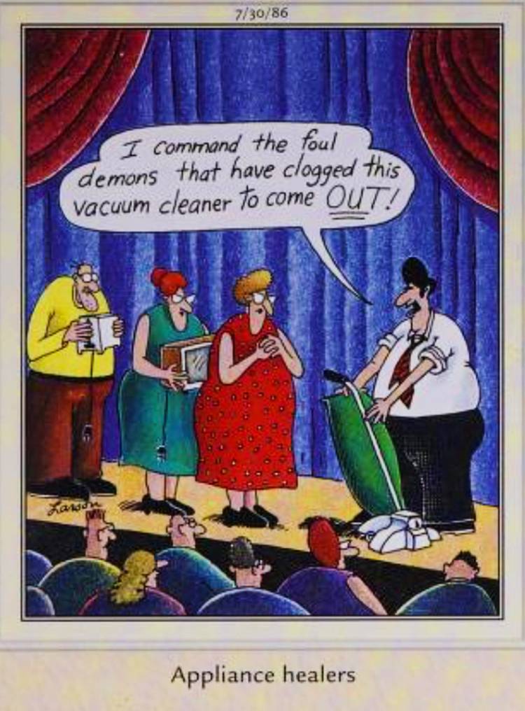 Far Side, July 30, 1986, featuring an 'appliance healer'