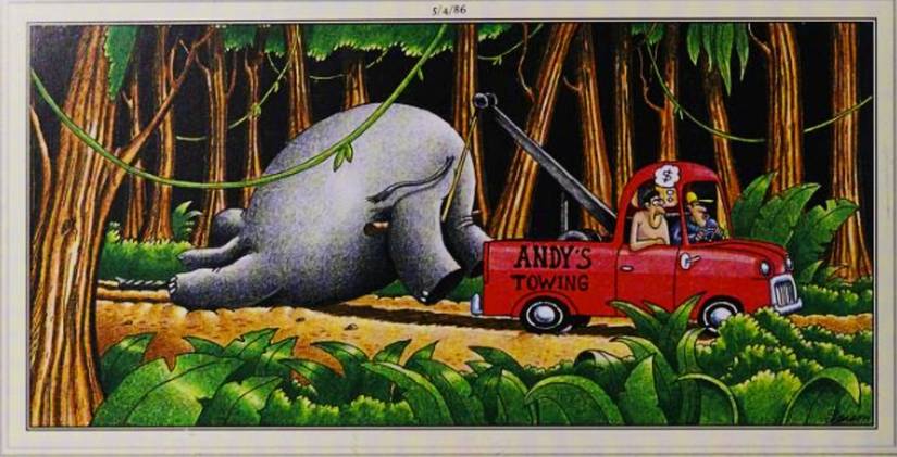 Far Side, May 4, 1986, Tarzan's elephant has to be towed
