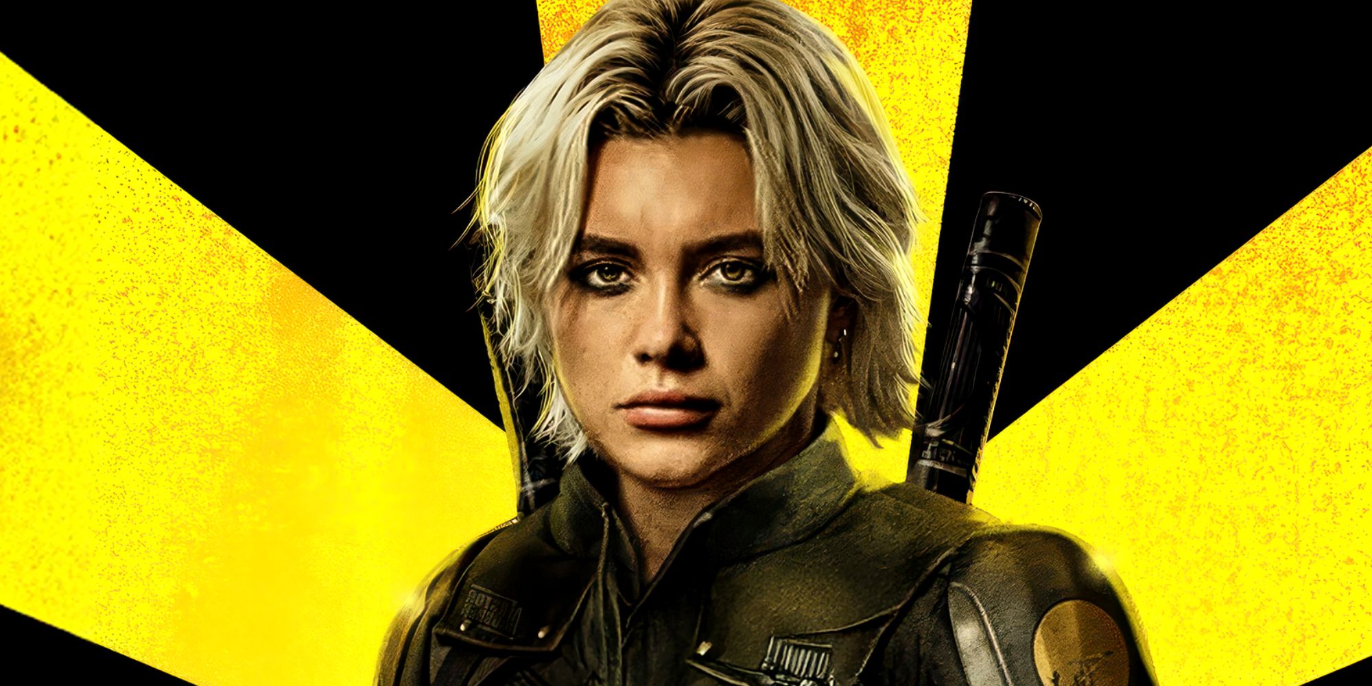 Florence Pugh's Yelena Belova stands in front of the Thunderbolts asterisk and looks at the camera