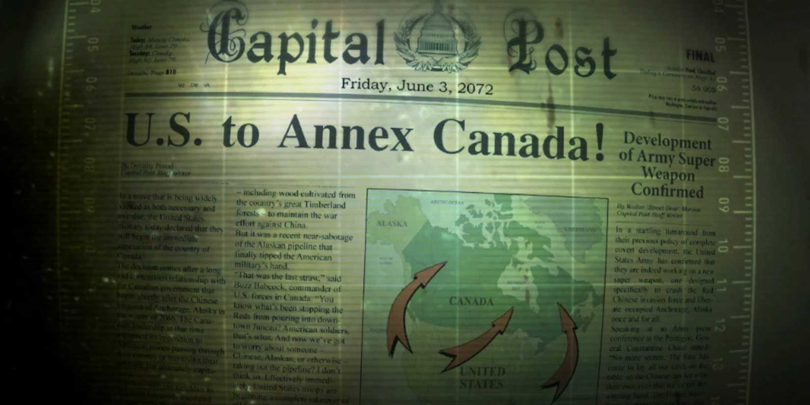 Tela de carregamento da anexação do Canadá em Fallout 3