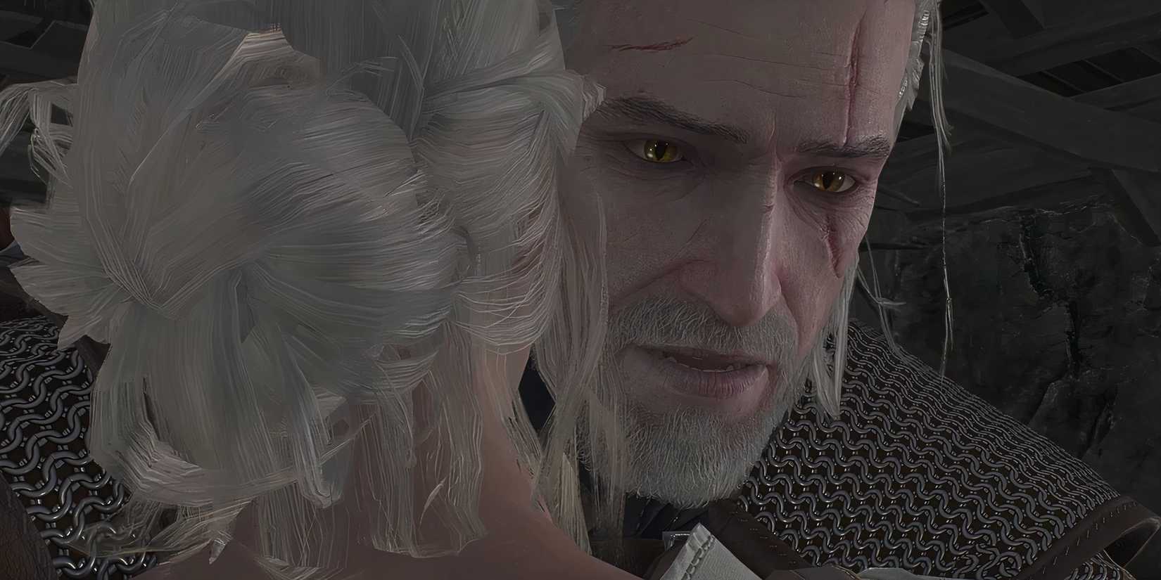Geralt hugs his daughter Ciri in The Witcher 3: Wild Hunt.