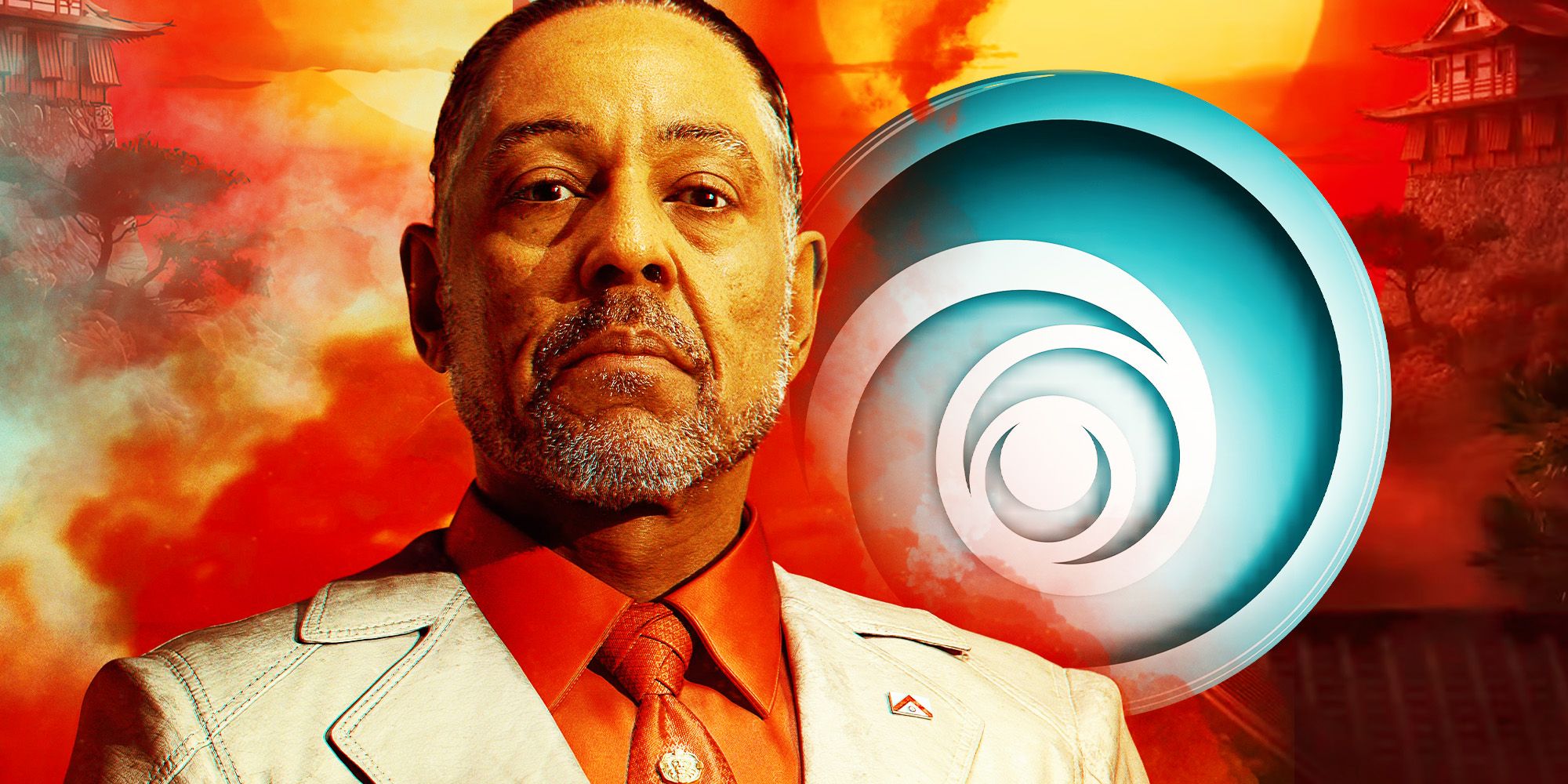 Giancarlo Esposito em Far Cry 6 com o logo da Ubisoft e imagens de Assassin's Creed Shadows.