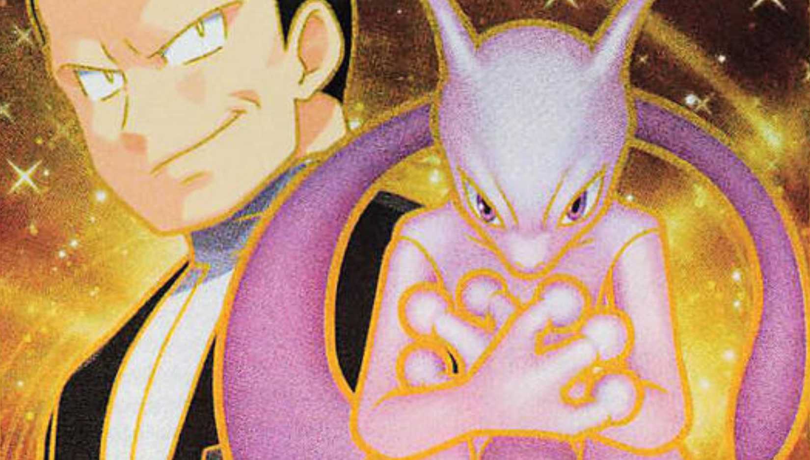Giovanni and Mewtwo closeups on a golden card from Pokemon TCG Destined Rivals
