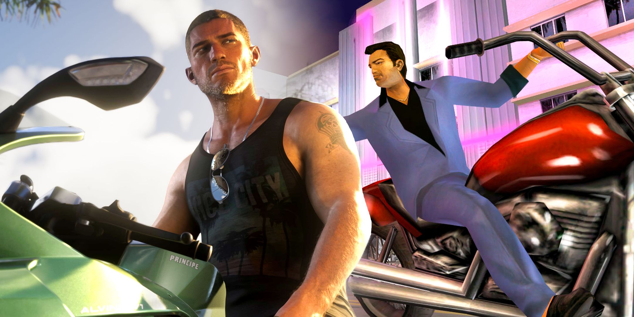 Characters from GTA 6 and GTA Vice City with motorcycles