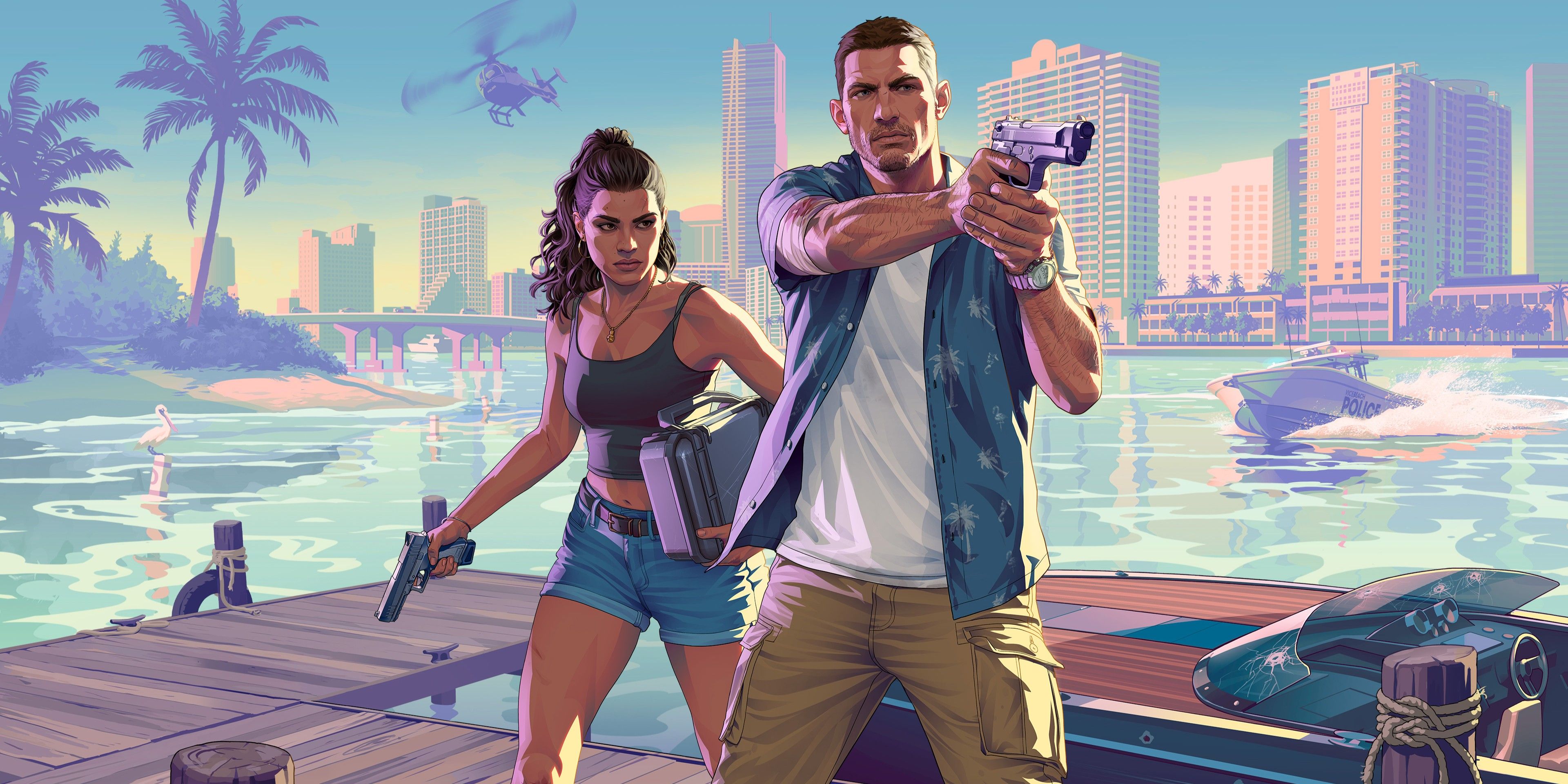 GTA 6 artwork of Jason and Lucia with guns on a pier.