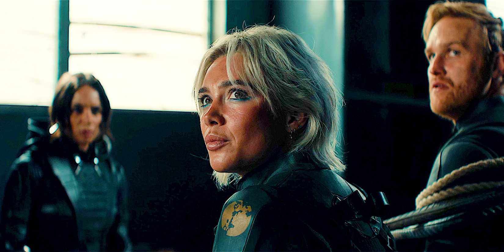 Hannah John-Kamen As Ghost, Florence Pugh As Yelena Belova And Wyatt Russell As John Walker Tied Up In Thunderbolts