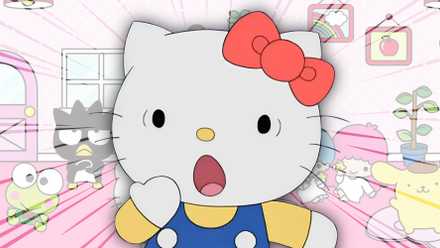 Hello Kitty looking shockd and Sanrio characters in the background