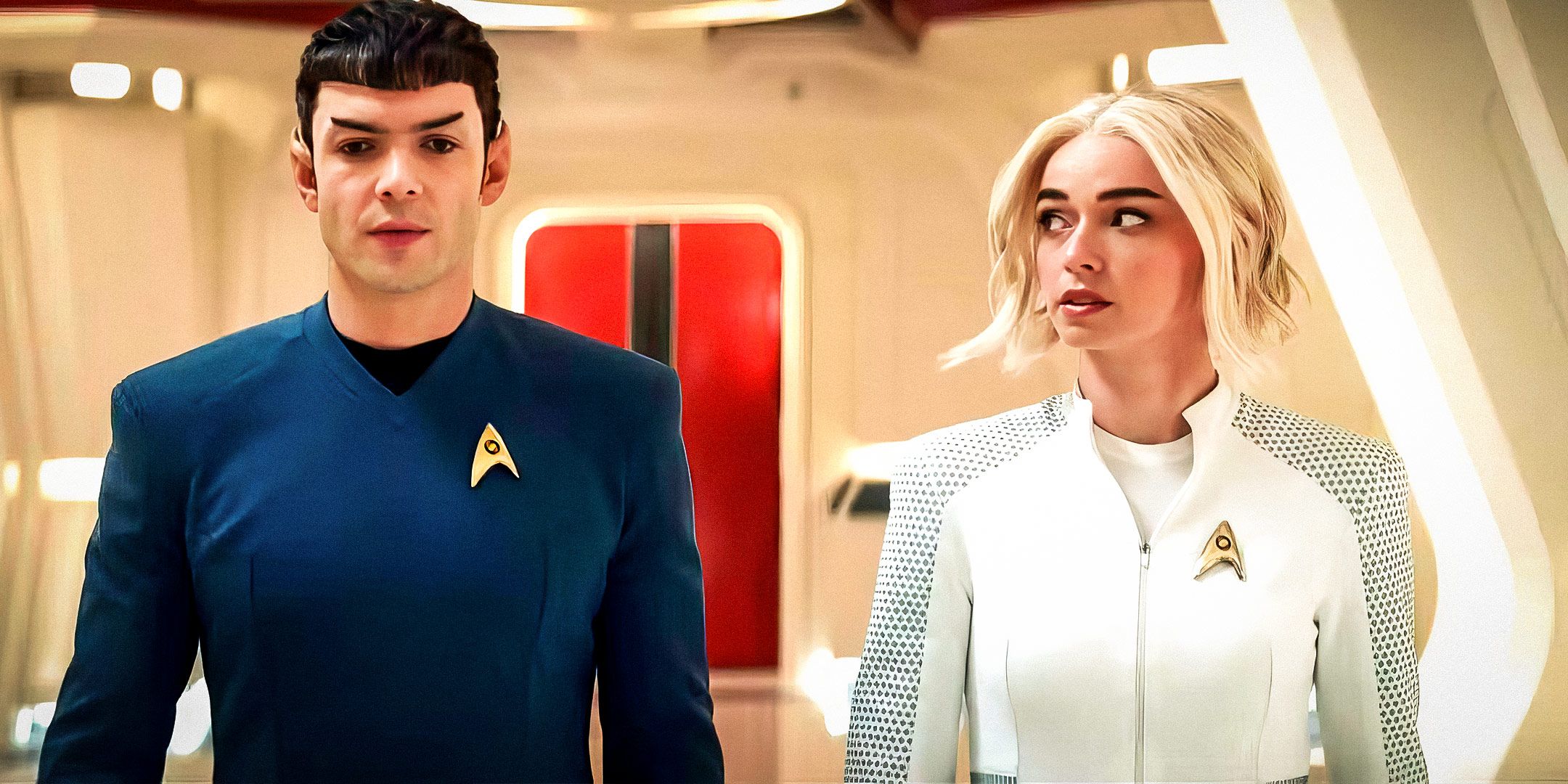 Ethan Peck as Lt. Spock and Jess Bush as Nurse Chapel in Star Trek: Strange New Worlds