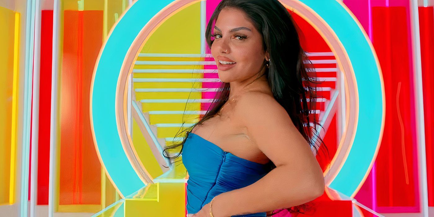 Love Island USA's Huda Mustafa in a blue tube top before a colorful background