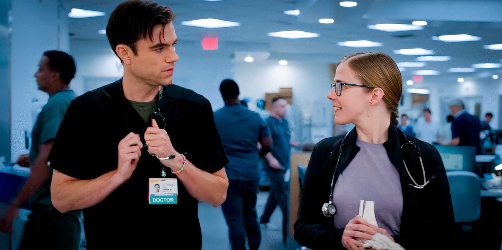 Dr. Frank Langdon (Patrick Ball) and Dr. Mel King (Taylor Dearden) talk in the pit