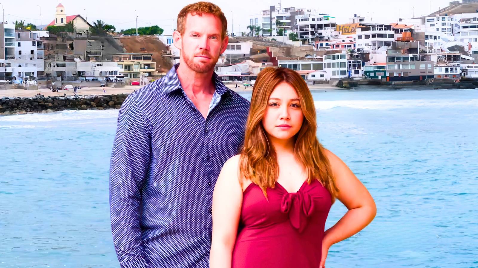 Mahogany Roca và Ben Rathbun của chương trình 90 Day Fiancé cùng nhau tạo dáng trước mặt nước với vẻ mặt nghiêm nghị.