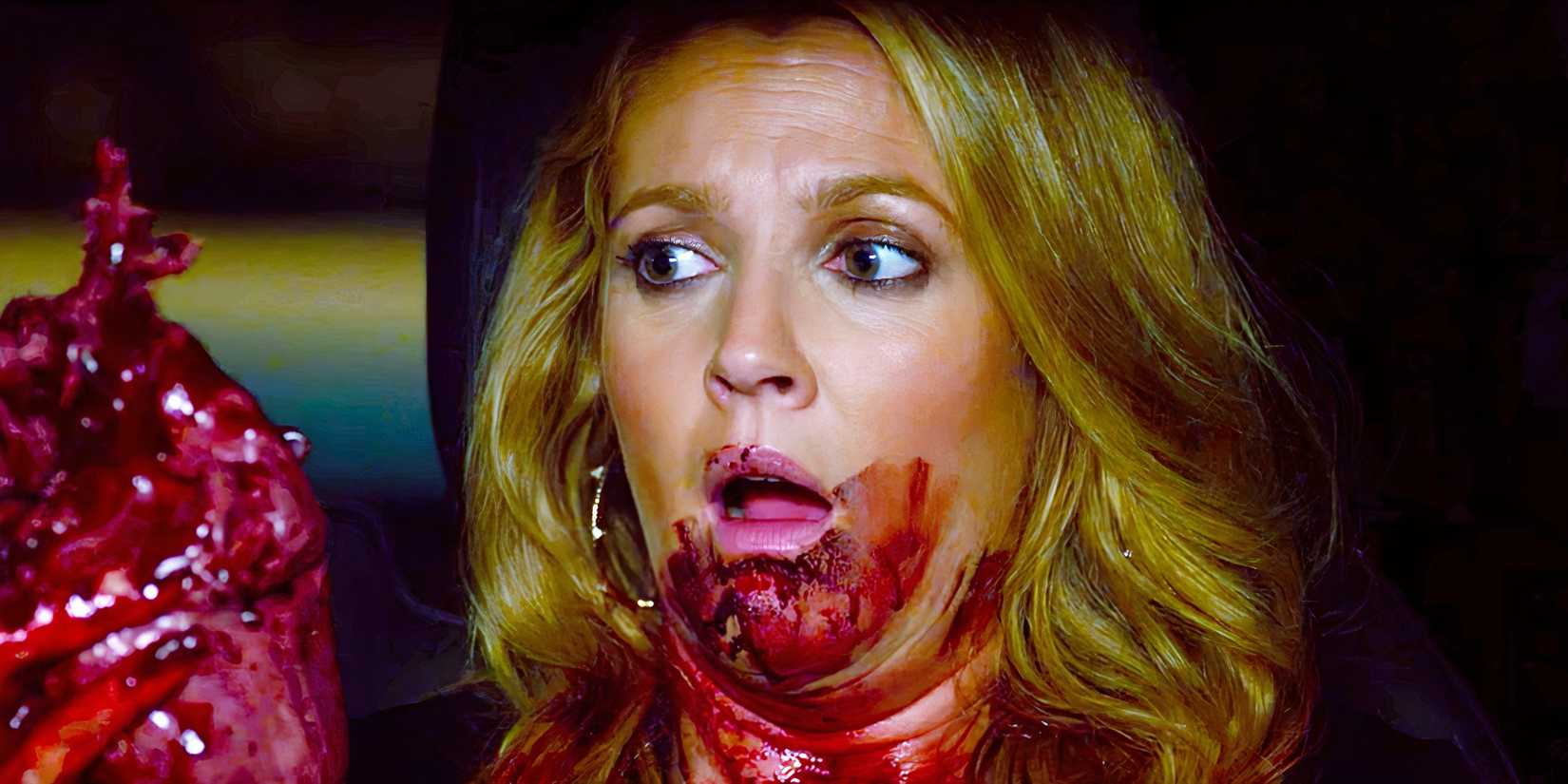 A close up of Drew Barrymore as Sheila eating meat in Santa Clarita Diet