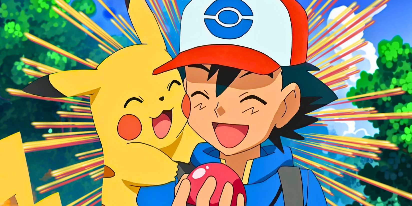 Ash with pikachu on his shoulder surrounded by action lines