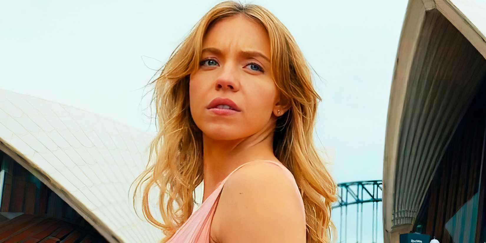 Sydney Sweeney looking off into the distance in Anyone But You