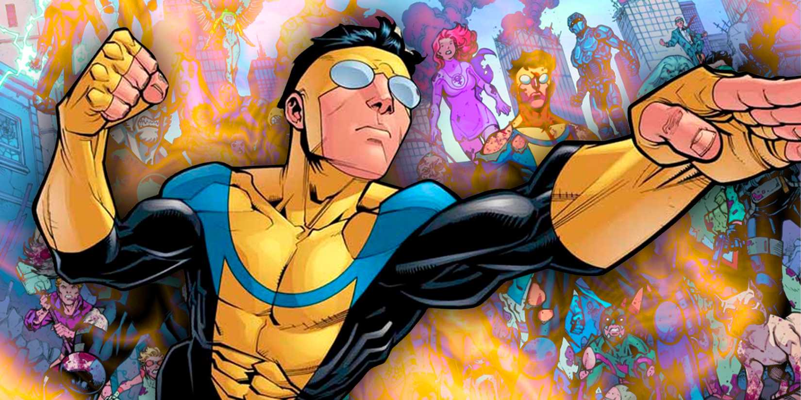 Imagem da HQ Invincible com Mark e outros heróis.