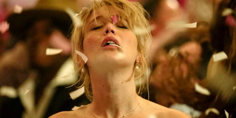 Jennifer Lawrence tilting her head back while confetti falls in Die My Love