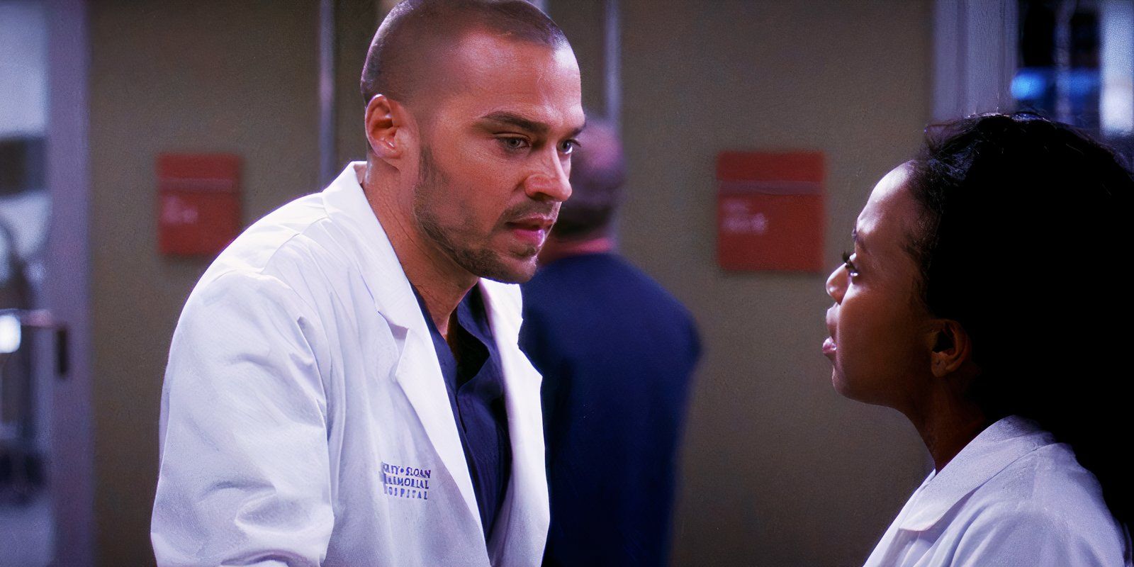 Jesse Williams as Jackson Avery and Jerrika Hinton as Stephanie Edwards in Grey's Anatomy season 10, episode 12