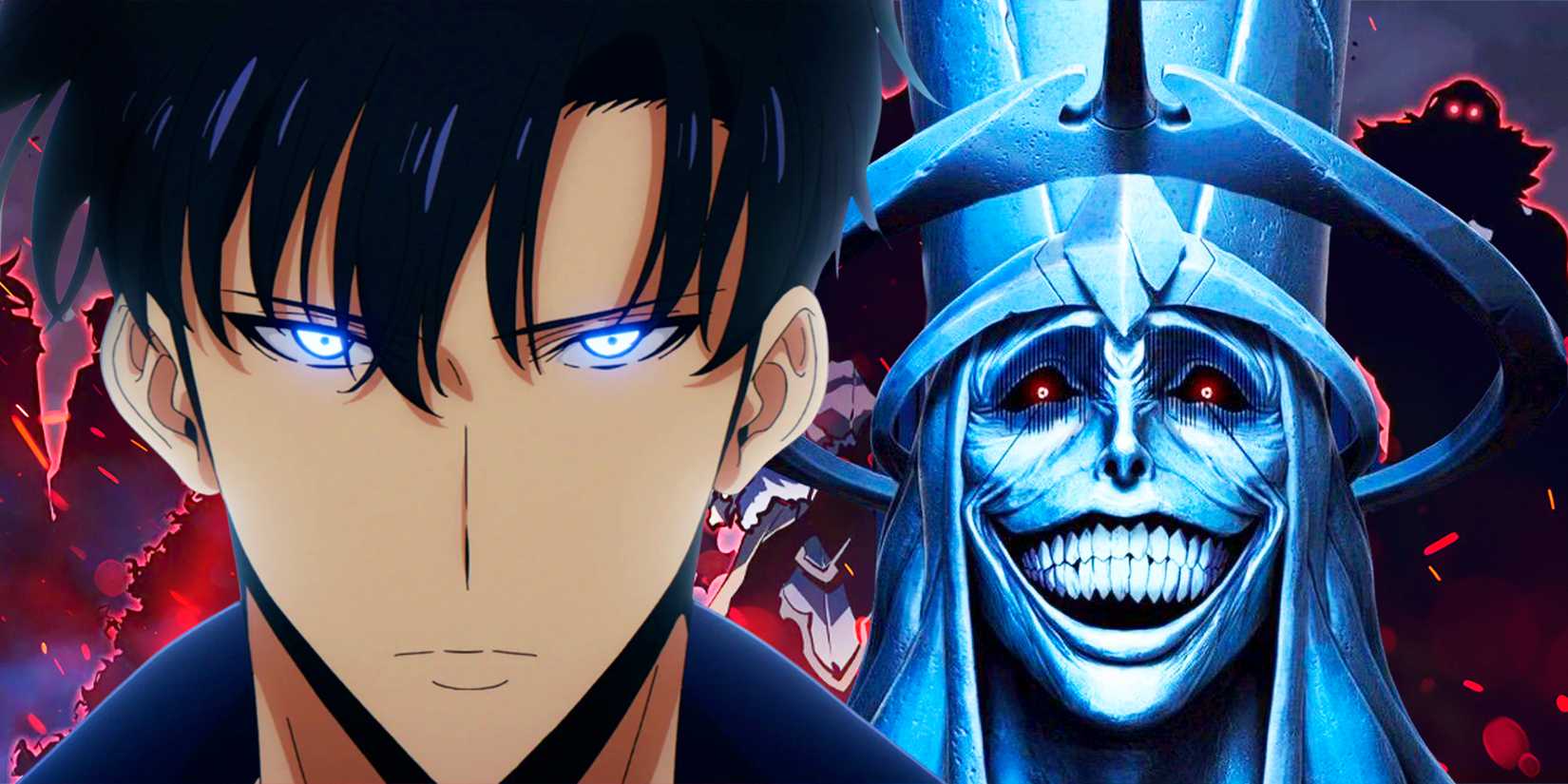 Jin Woo and the Statue of God in front of the shadows of the monarchs from Solo Leveling