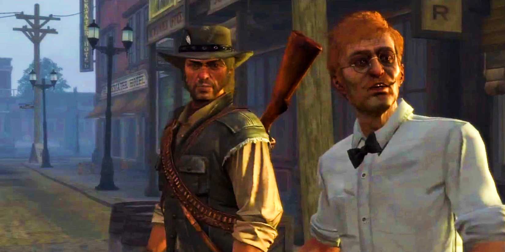 John and MacDougal in Red Dead Redemption, standing on a street corner outside a wooden building.