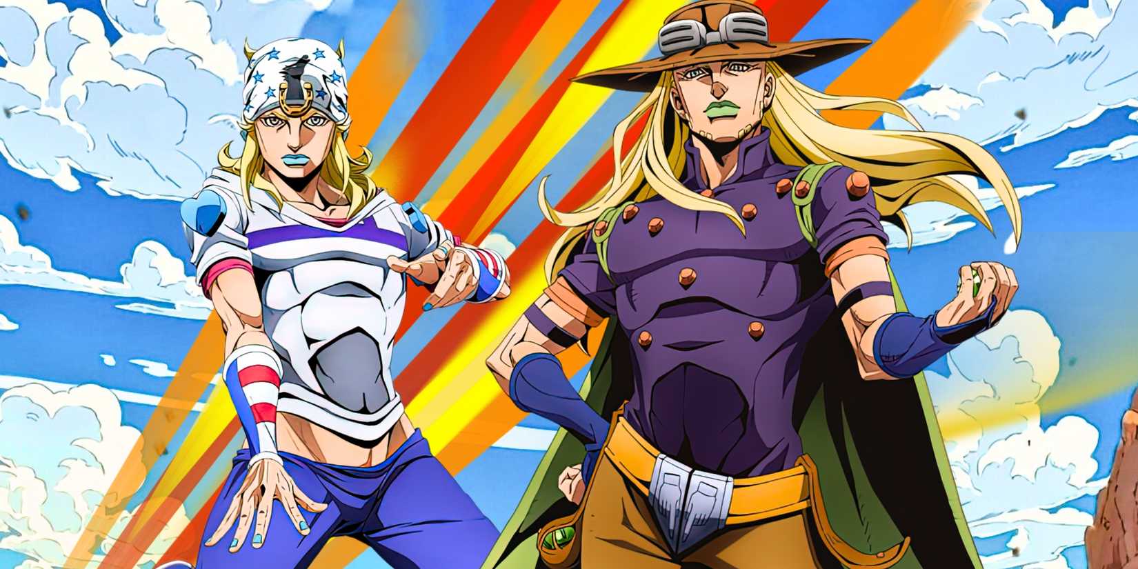 Image de Gyro Zeppeli et Johnny Joestar de Steel Ball Run devant un arc-en-ciel de lumière.