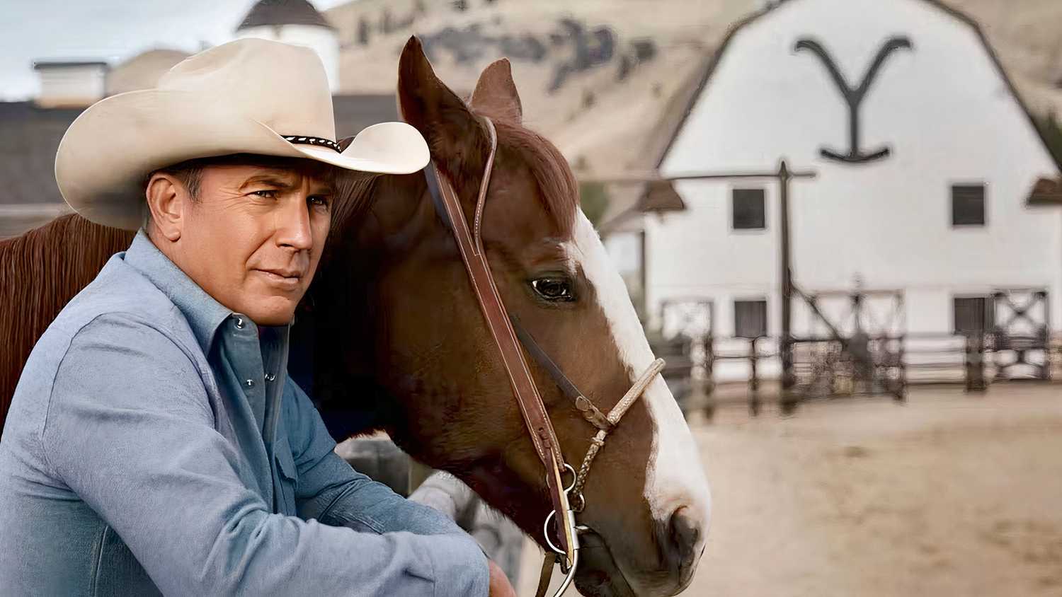 Kevin Costner as John Dutton next to his horse with the Yellowstone Ranch behind him
