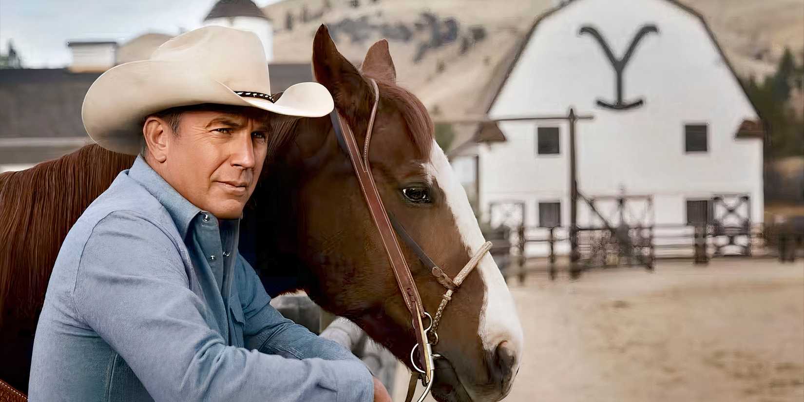 Kevin Costner as John Dutton next to his horse with the Yellowstone Ranch behind him