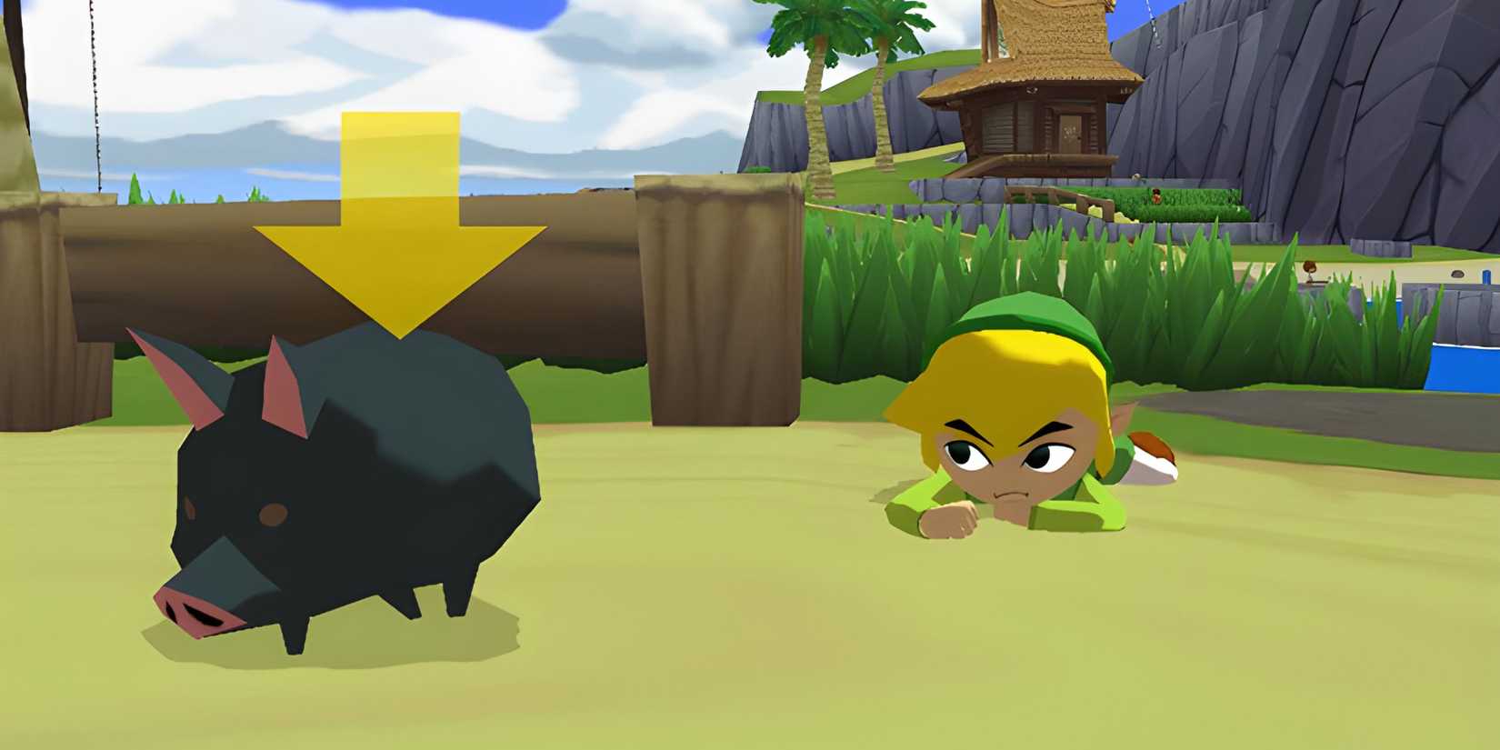 Link sneaking up on a black pig in The Legend of Zelda The Wind Waker.