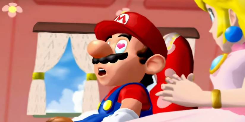 Mario with hearts over his eyes in Super Mario Sunshine.