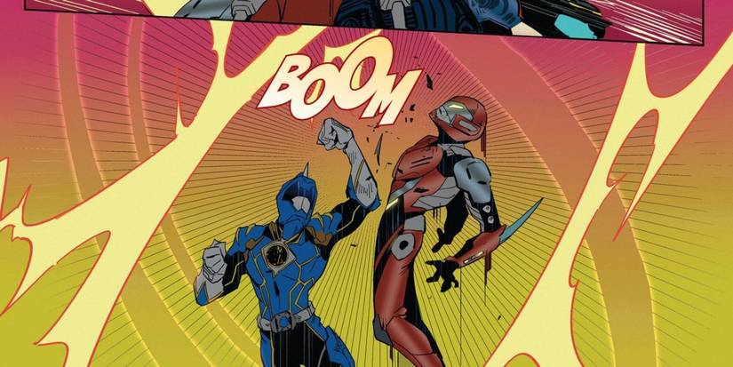 Marko Zhao the Blue Ranger knocks out one of the VR Troopers Ryan Steele in Power Rangers Prime #6