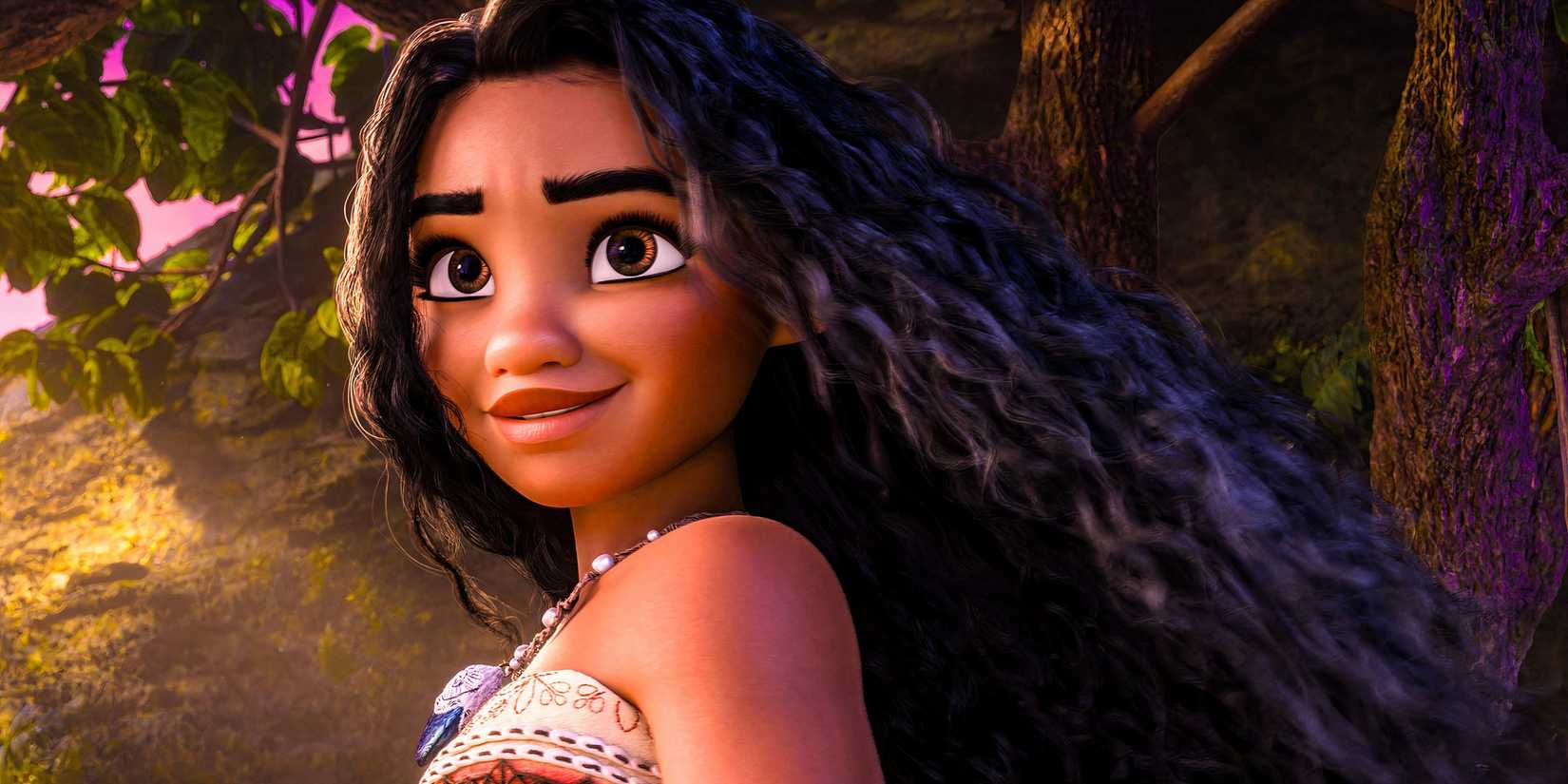 Moana looking to the horizon with a tree behind her in Moana 2