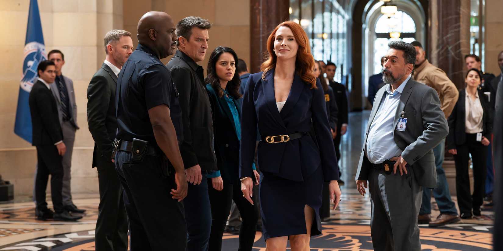 Monica, Grey, Wesley, Nolan, Monica, and Garza in The Rookie season 7 finale