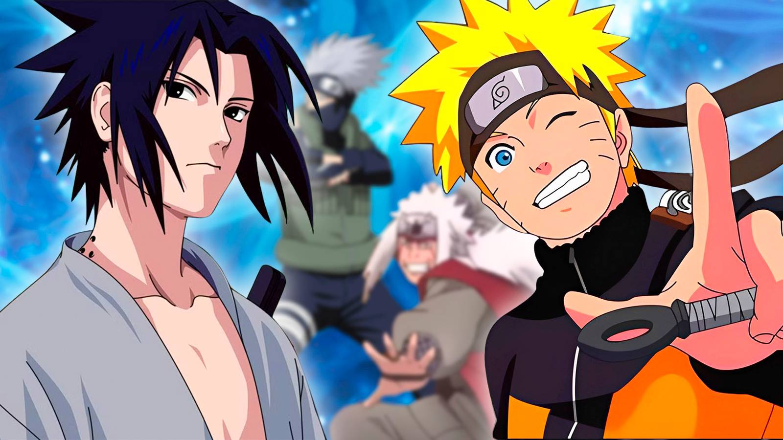 Naruto and Sasuke at the forefront with illusions of Boruto or mentor figures like Jiraiya and Kakashi vaguely hinted behind them