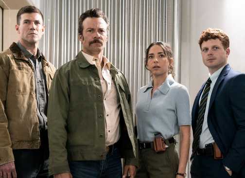 Austin Stowell as Jethro Gibbs, Kyle Schmid as Mike Franks, Mariel Molino as Lala Dominguez, and Caleb Foote as Randy Randolf in NCIS: Origins
