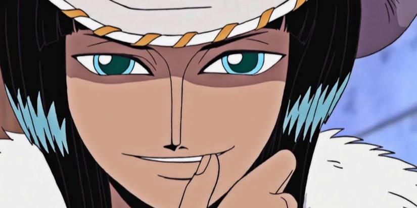 Nico Robin bites his finger while wearing a hat in One Piece