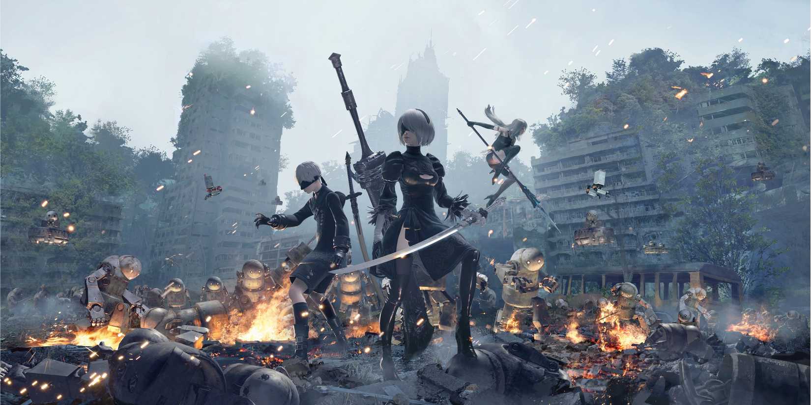 Nier Automata Key Art, featuring 2B, 9S, and A3 among ruins.
