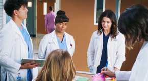 Niko Terho as Lucas Adams, Alexis Floyd as Simone Griffith, Sophia Kopera as Dylan Gatlin, Caterina Scorsone as Amelia Shepherd and Natalie Morales as Monica Beltran in Grey's Anatomy season 21, episode 16