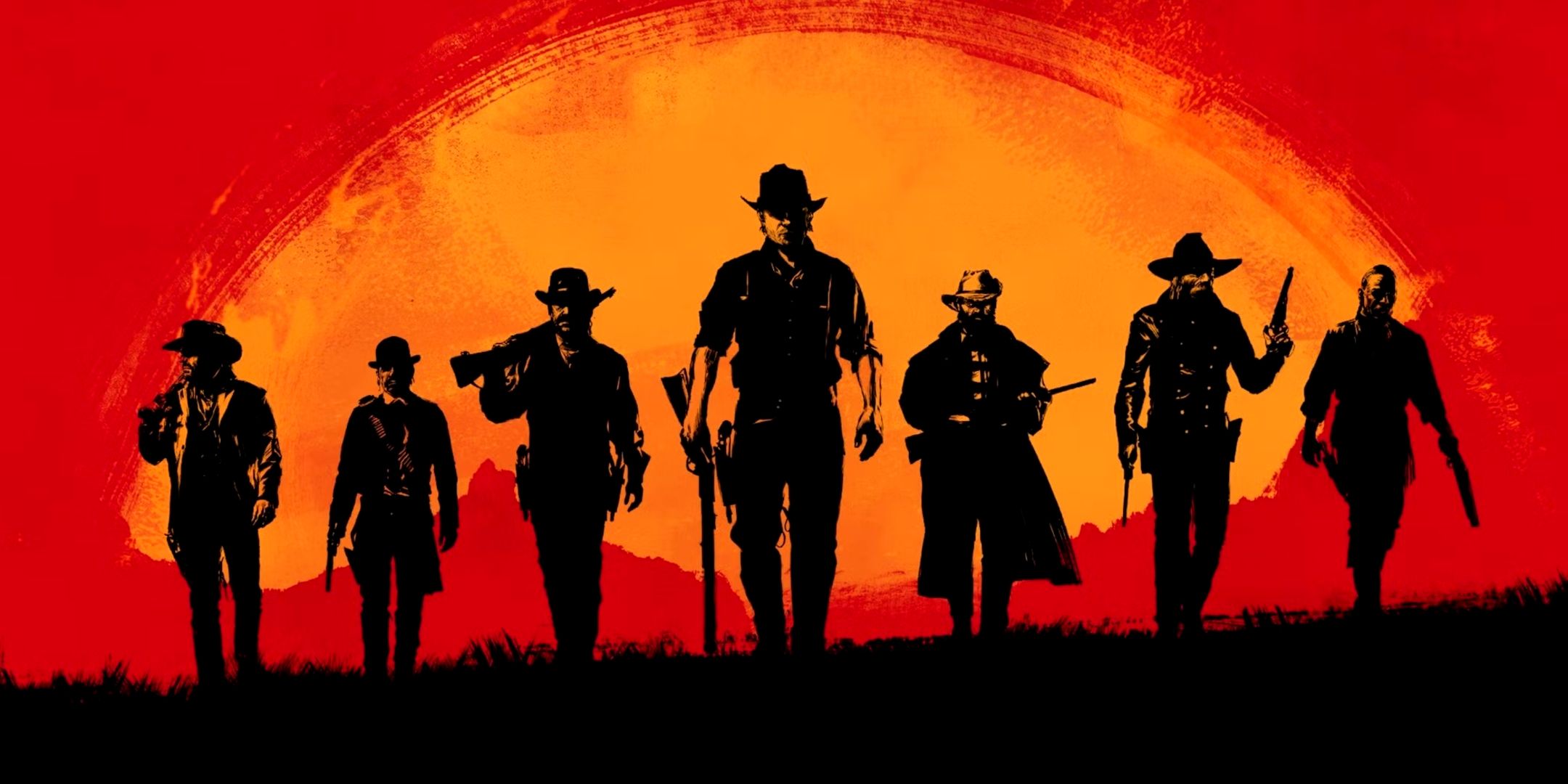 The cast of characters from key art in Red Dead Redemption 2.