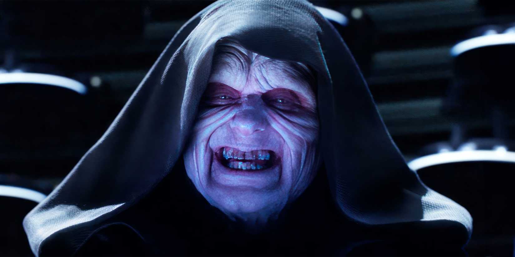 Palpatine grinning evilly in Revenge of the Sith in a purple hue