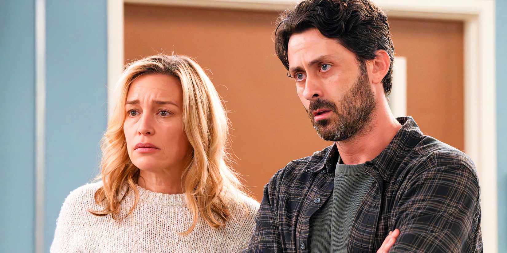 Piper Perabo and Andy Bean with nervous expressions in Grey's Anatomy season 21 episode 16
