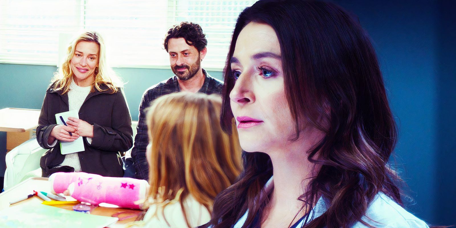 Piper Perabo as Jenna Gatlin, Andy Bean as Aaron Gatlin, Sophia Kopera as Dylan Gatlin, Caterina Scorsone as Amelia Shepherd in Grey's Anatomy season 21, episodes 16 and 17