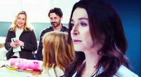 Piper Perabo as Jenna Gatlin, Andy Bean as Aaron Gatlin, Sophia Kopera as Dylan Gatlin, Caterina Scorsone as Amelia Shepherd in Grey's Anatomy season 21, episodes 16 and 17