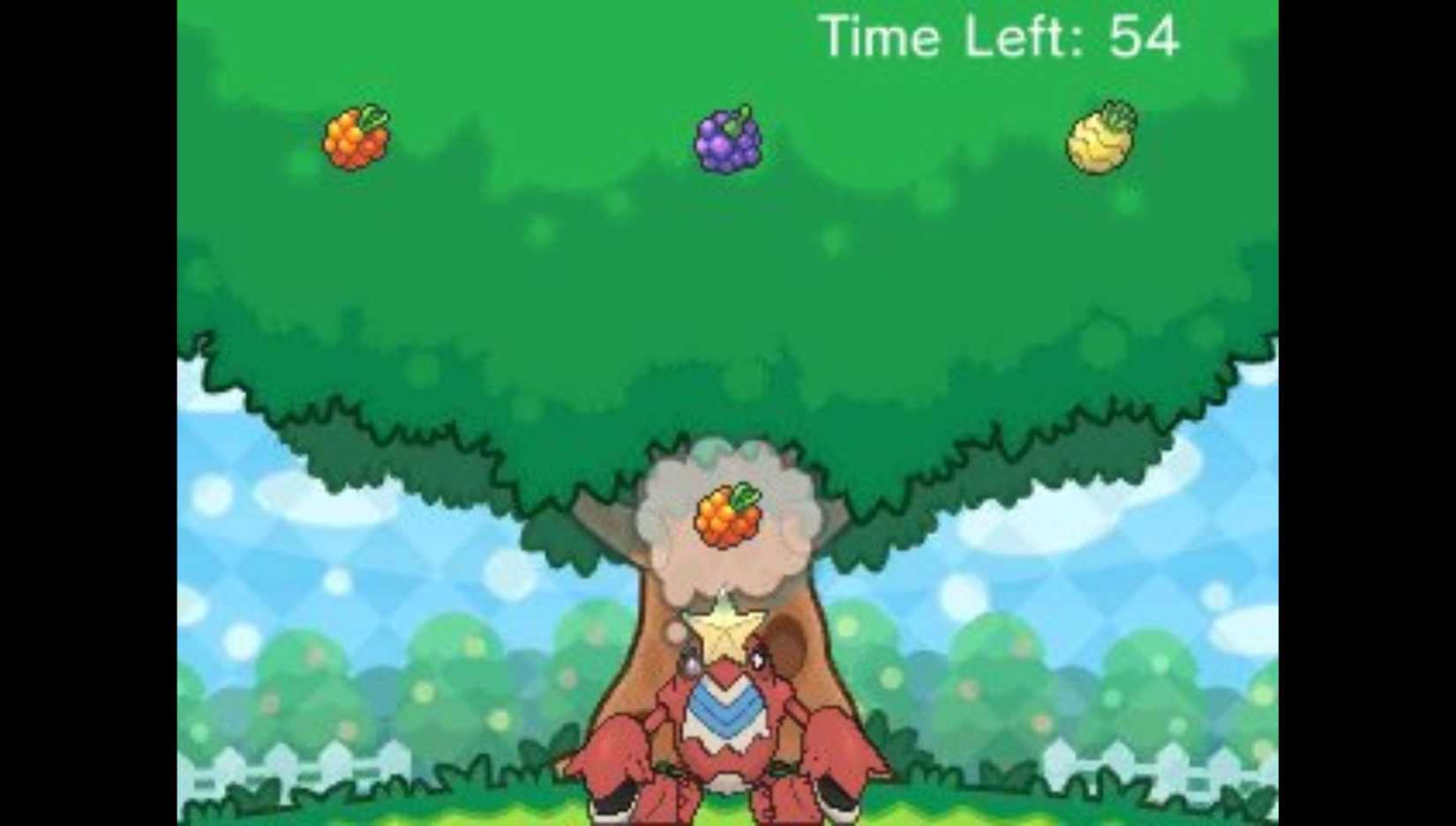 Pokemon Amie mini game from X and Y featuring crawdaunt catching berries