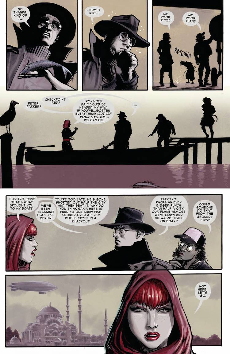 Spider-Man Noir meets Checkpoint Red on a dock after he throws up