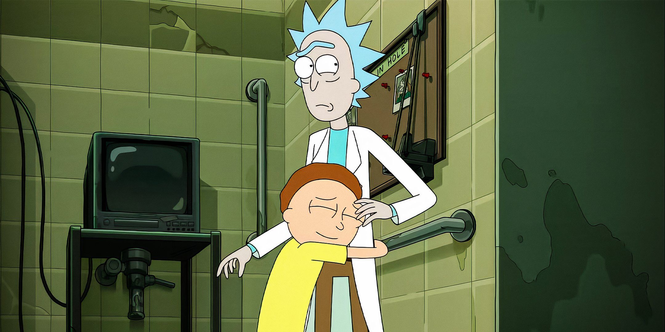 Morty umarmt einen verwirrten Rick in Rick & Morty