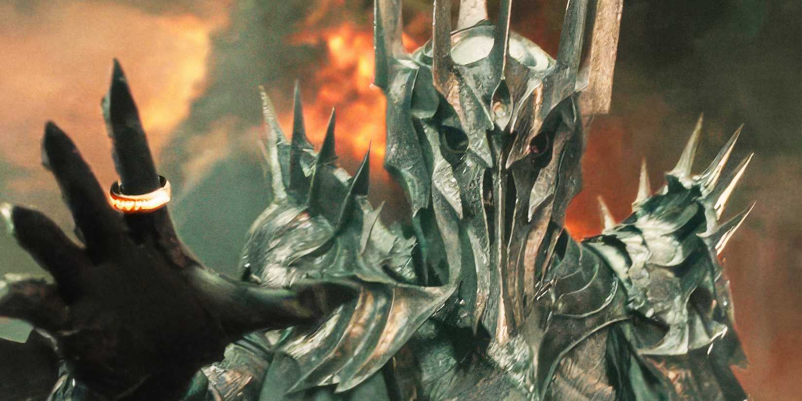 Sauron wearing the One Ring in Mordor in Lord of the Rings