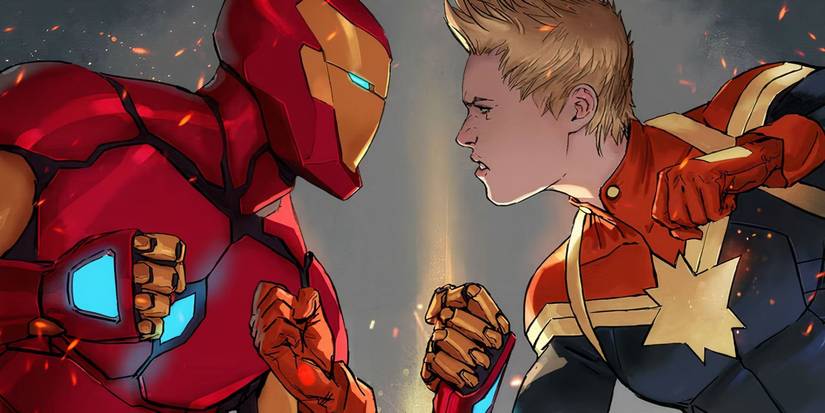 Iron Man and Captain Marvel facing off in the Marvel Comics storyline Civil War II