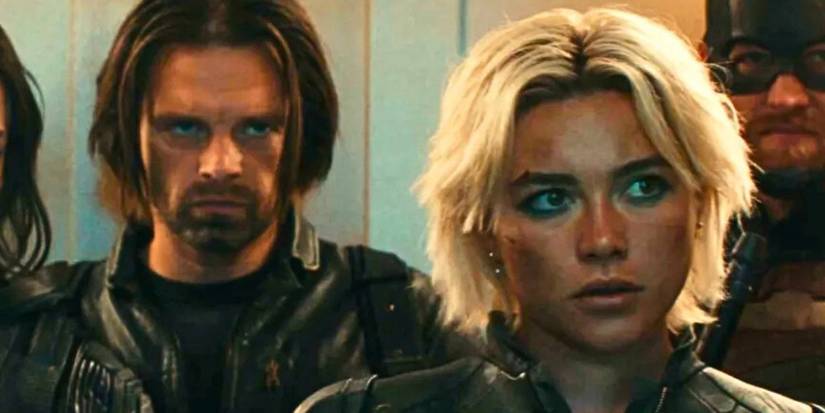 Sebastian Stan's Bucky Barnes and Florence Pugh's Yelena Belova stand next to each other in an elevator in Thunderbolts* (2025)