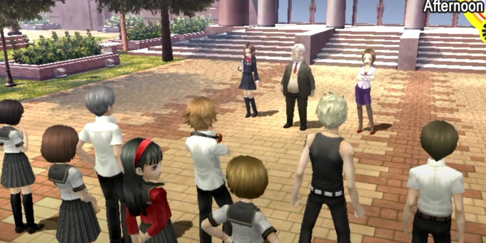 The investigation team visiting Gekkoukan High School in Persona 4 Golden